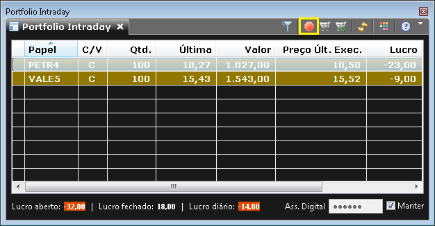 Portfólio Intraday destacando o novo item na barra de ferramentas.